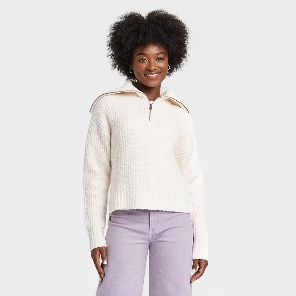 Cream Soft Knit Quarter Zip Sweater NWT Size Medium